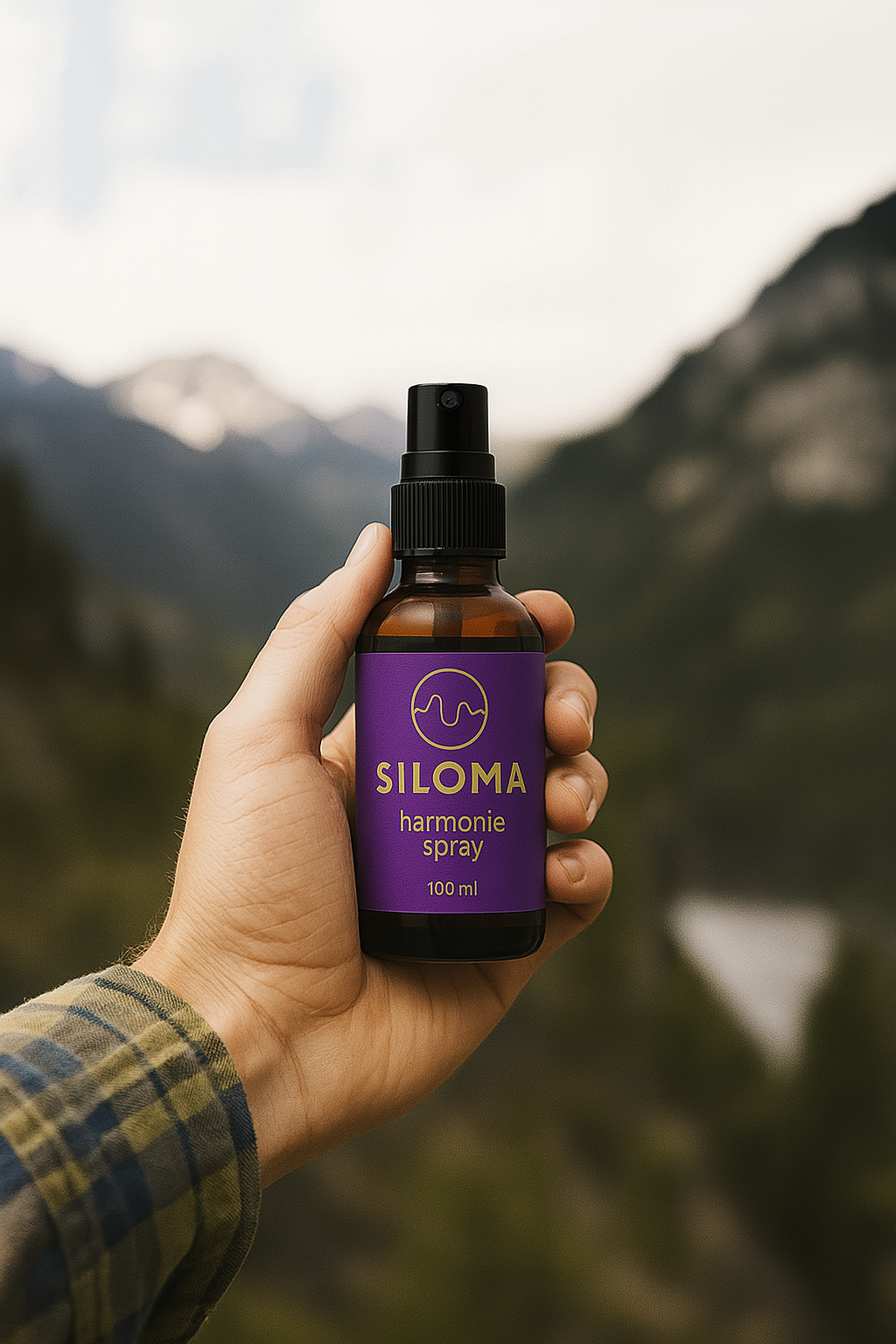 Hand holding a bottle of Siloma harmonic spray with mountains in the background